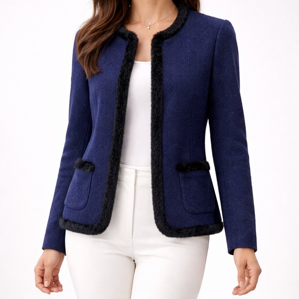 Talbots Navy Wool Blend Blazer Faux Fur Trim Polished Cropped Jacket [size 10]